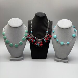 Choker Necklace Lot Silver Tone Blue Red Beads Adjustable Southwestern Boho Chic